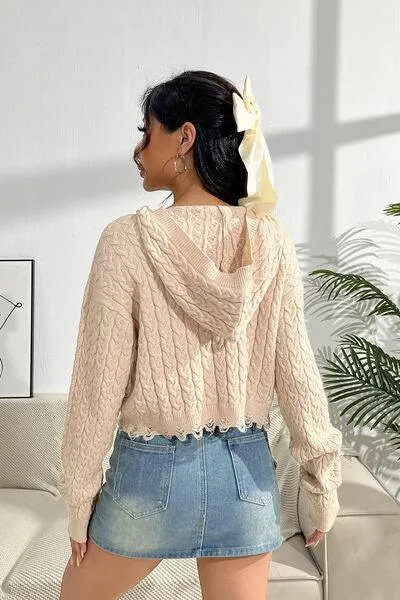 Winsome Dropped Shoulder Hooded Cable Knit Sweater