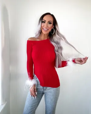 Winter Wonderland Feather Cuff Sweater - Red