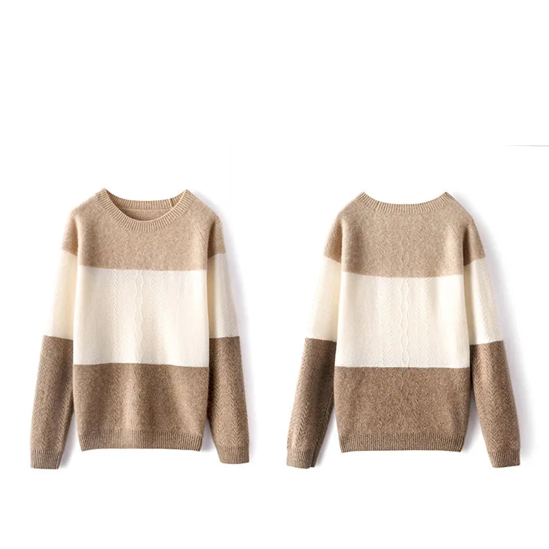 Women Cashmere Sweater Mixed Long Sleeve Pullover Cashmere Sweater
