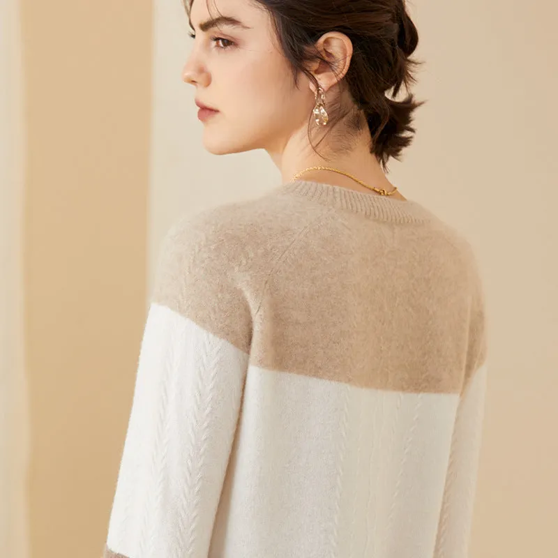 Women Cashmere Sweater Mixed Long Sleeve Pullover Cashmere Sweater