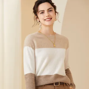 Women Cashmere Sweater Mixed Long Sleeve Pullover Cashmere Sweater