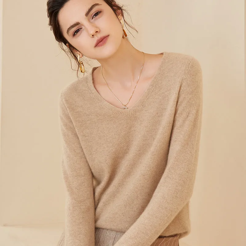 Women V Neck Cashmere Sweater Classic Long Sleeve Loose Pullover Cashmere Sweater
