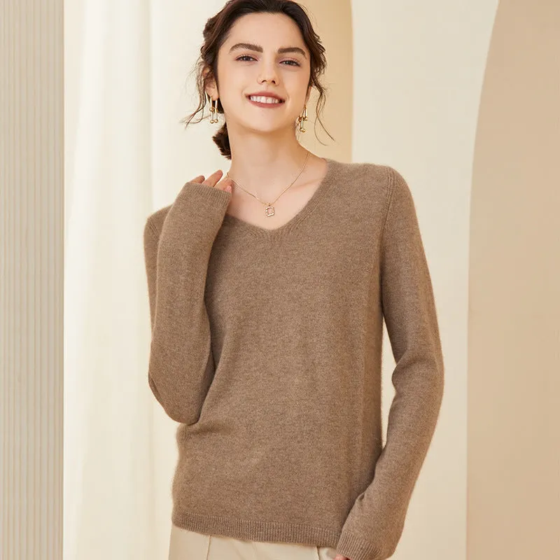 Women V Neck Cashmere Sweater Classic Long Sleeve Loose Pullover Cashmere Sweater