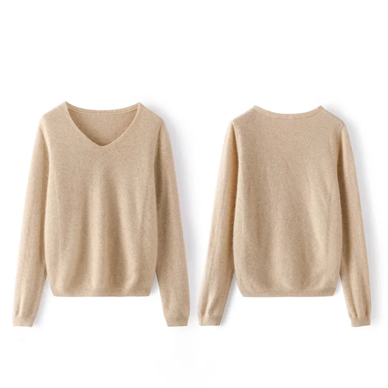 Women V Neck Cashmere Sweater Classic Long Sleeve Loose Pullover Cashmere Sweater
