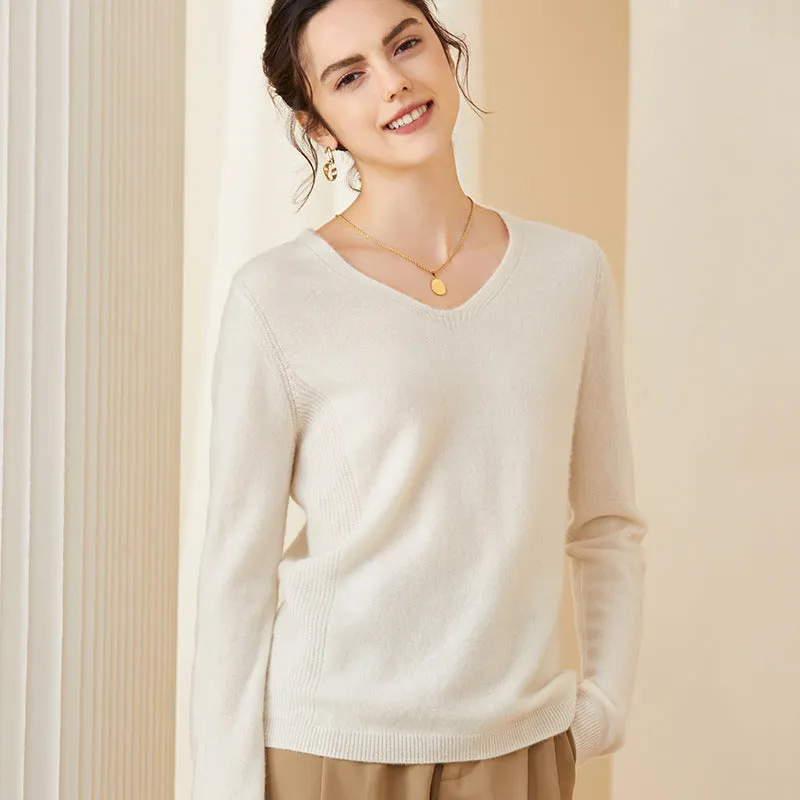 Women V Neck Cashmere Sweater Classic Long Sleeve Loose Pullover Cashmere Sweater