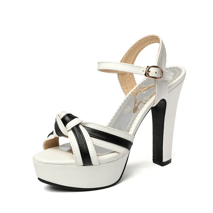 Women's Color Block Knot Platform Ankle Strap Chunky Heel Sandals