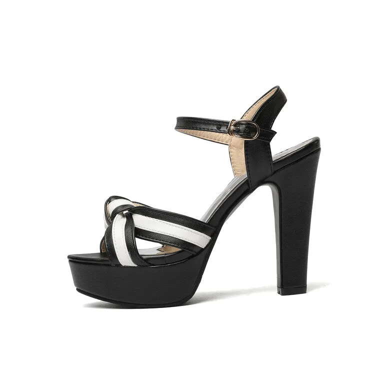 Women's Color Block Knot Platform Ankle Strap Chunky Heel Sandals