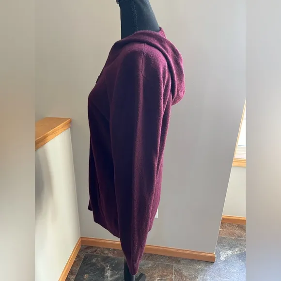 Women’s LL Bean 100% cashmere full zip hooded burgundy sweater. Size medium