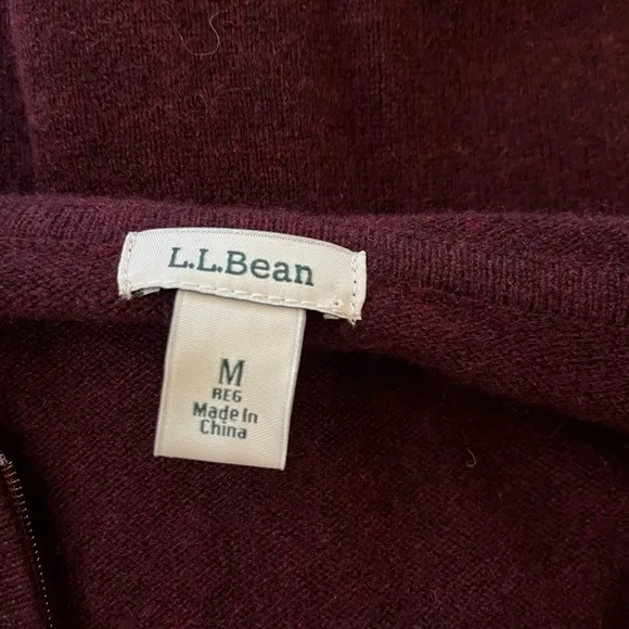 Women’s LL Bean 100% cashmere full zip hooded burgundy sweater. Size medium