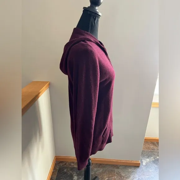 Women’s LL Bean 100% cashmere full zip hooded burgundy sweater. Size medium