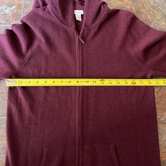 Women’s LL Bean 100% cashmere full zip hooded burgundy sweater. Size medium
