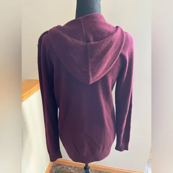 Women’s LL Bean 100% cashmere full zip hooded burgundy sweater. Size medium