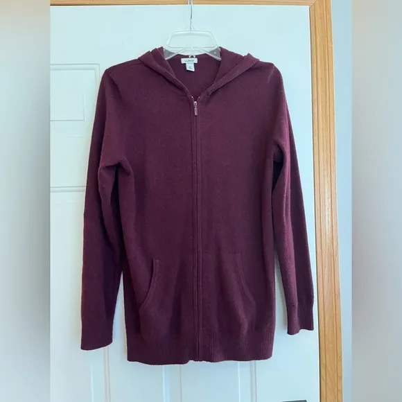 Women’s LL Bean 100% cashmere full zip hooded burgundy sweater. Size medium