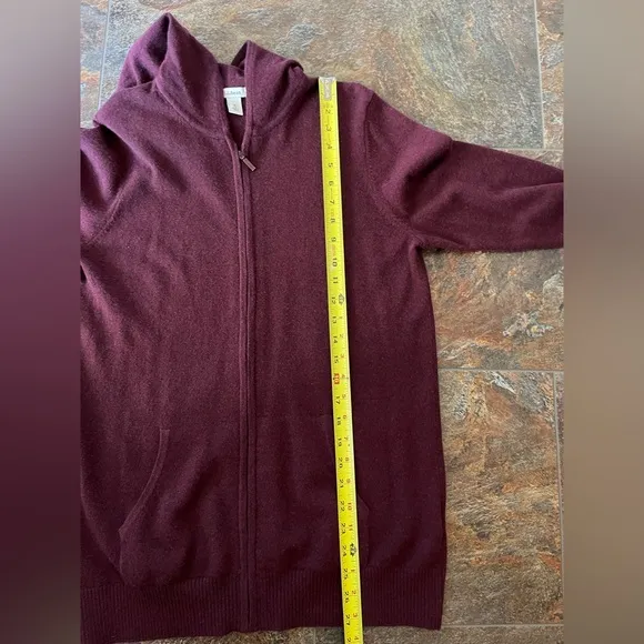Women’s LL Bean 100% cashmere full zip hooded burgundy sweater. Size medium