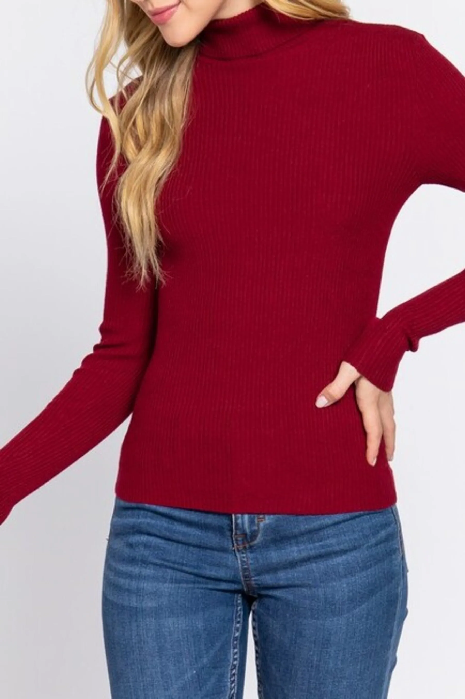 Women's Long Sleeve Turtleneck Ribbed Knit Pullover Sweater Top