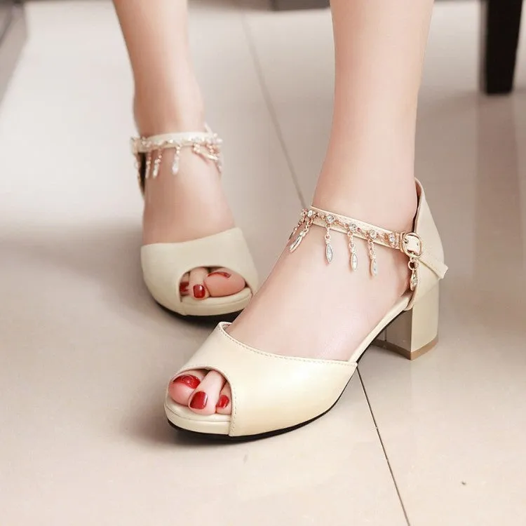 Women's Peep Toe Ankle Strap Chains Rhinestone Block Heel Sandals