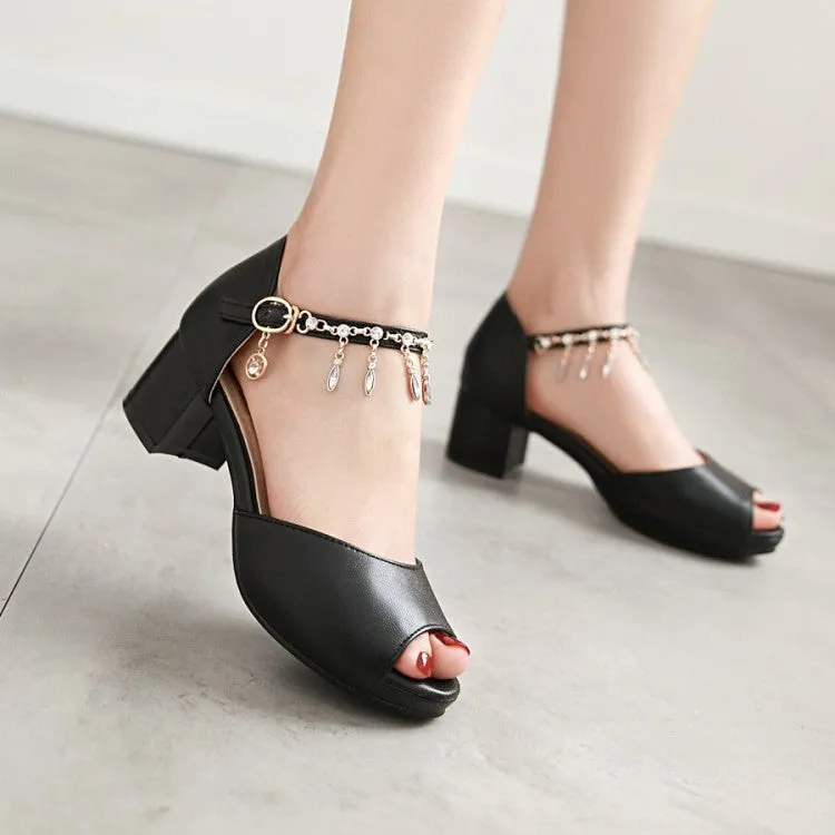 Women's Peep Toe Ankle Strap Chains Rhinestone Block Heel Sandals