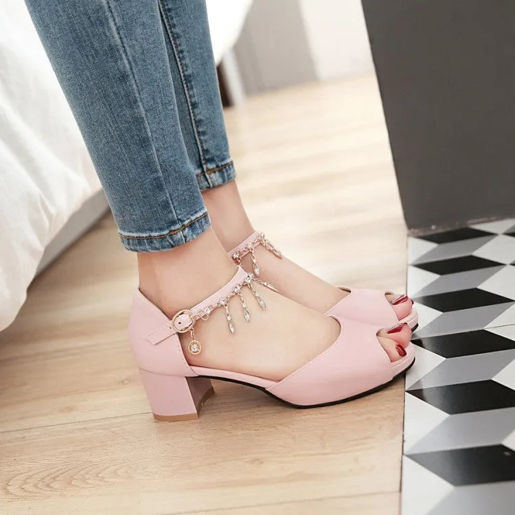 Women's Peep Toe Ankle Strap Chains Rhinestone Block Heel Sandals