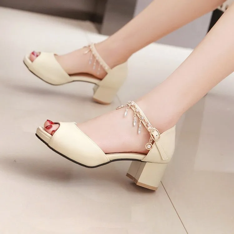 Women's Peep Toe Ankle Strap Chains Rhinestone Block Heel Sandals