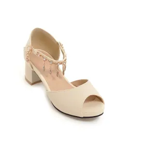 Women's Peep Toe Ankle Strap Chains Rhinestone Block Heel Sandals