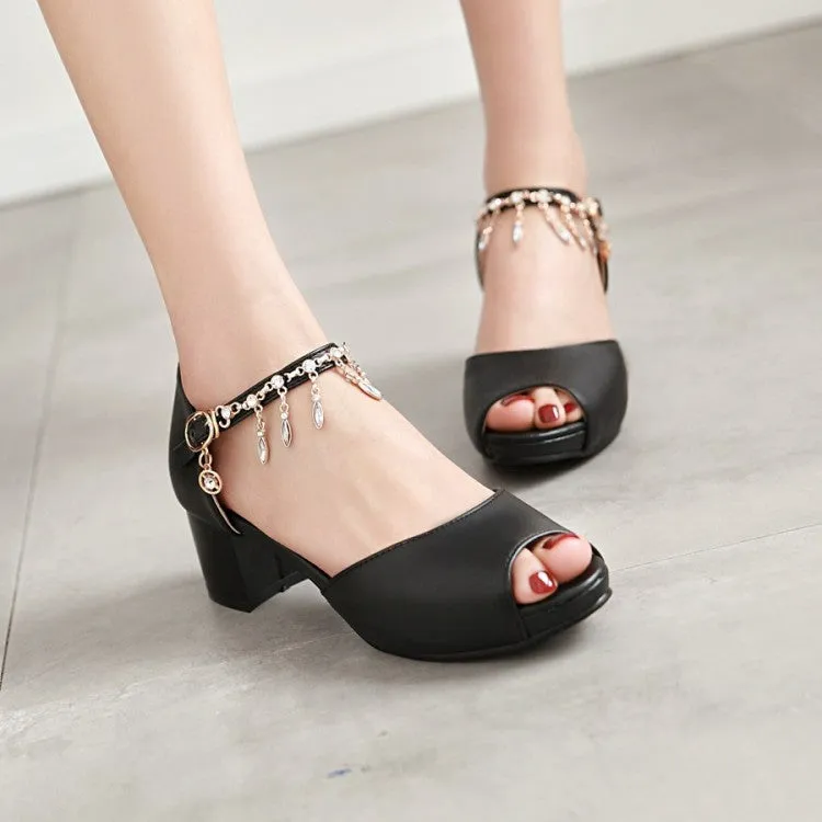 Women's Peep Toe Ankle Strap Chains Rhinestone Block Heel Sandals