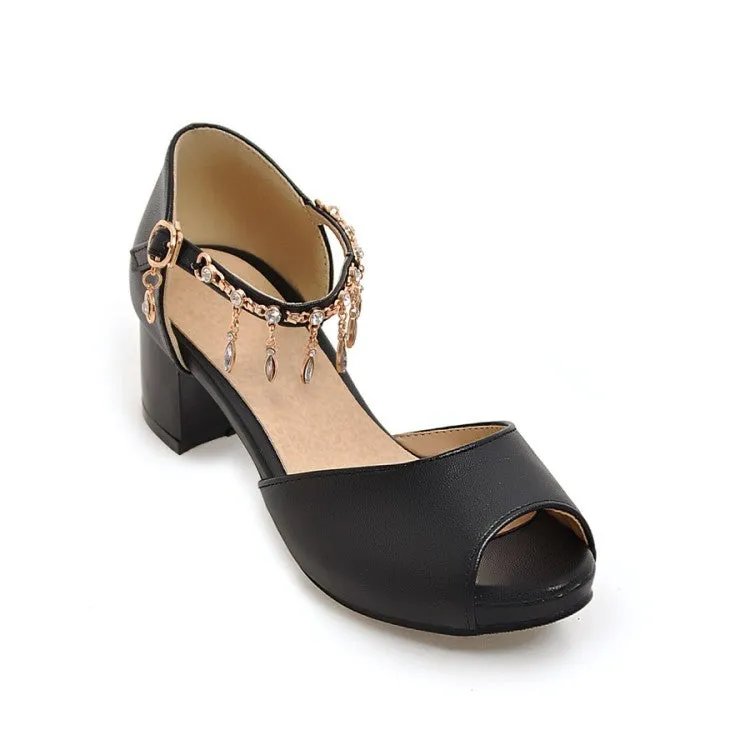 Women's Peep Toe Ankle Strap Chains Rhinestone Block Heel Sandals