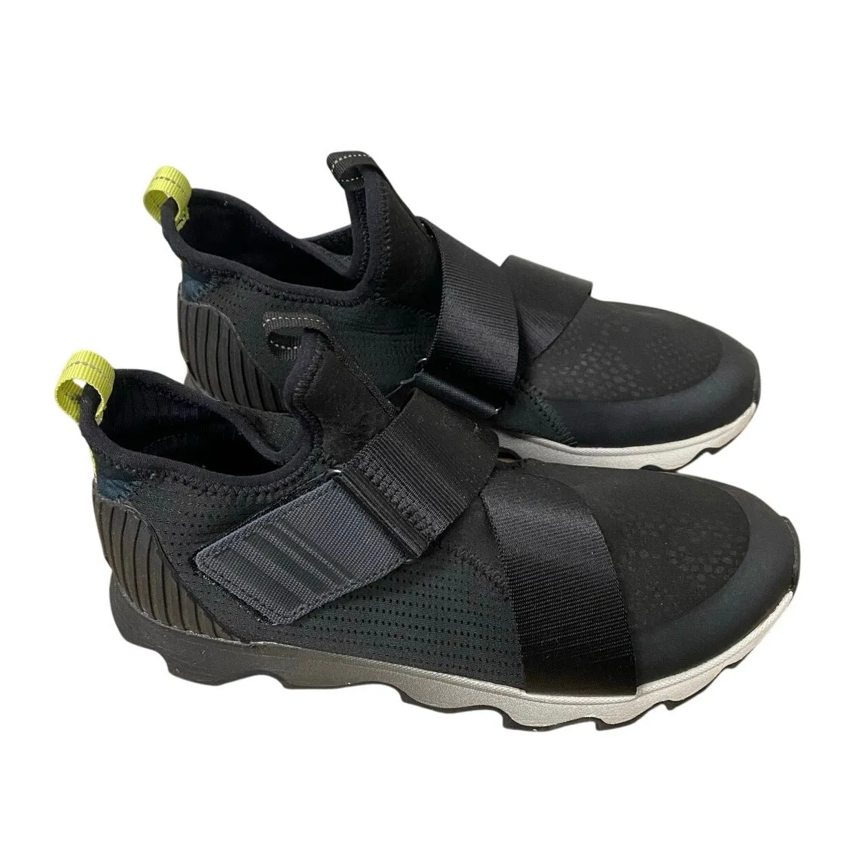 Womens Sorel Pull On Tennis Shoes. Black. Velcr Strap Accross Top of Shoes. Sz 8.5