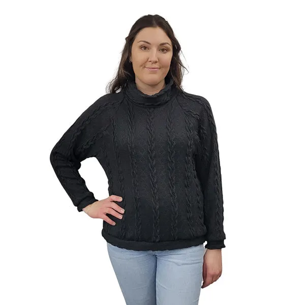 WOMEN'S TURTLENECK CABLE KNIT SWEATER BLACK