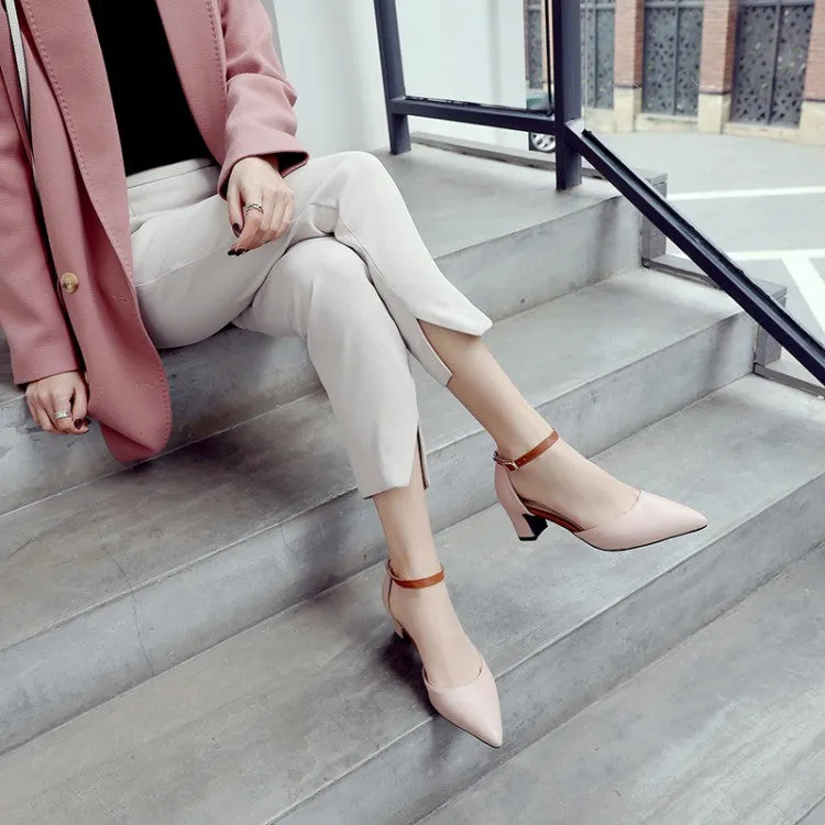Women's's Shallow Pointed Toe Ankle Strap Medium Block Heel Sandals
