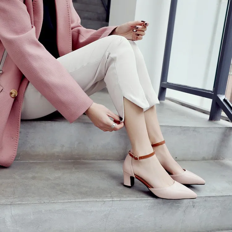 Women's's Shallow Pointed Toe Ankle Strap Medium Block Heel Sandals