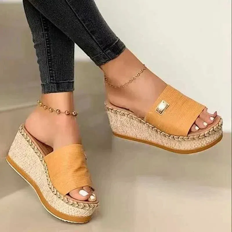 Woven Platform Wedge Sandals with Textured Strap