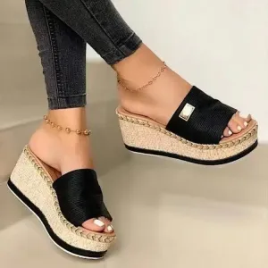 Woven Platform Wedge Sandals with Textured Strap