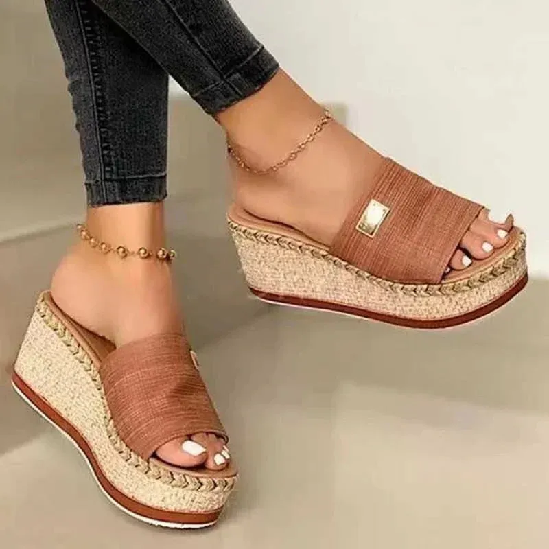 Woven Platform Wedge Sandals with Textured Strap