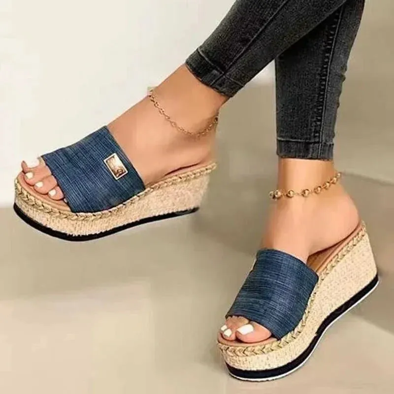 Woven Platform Wedge Sandals with Textured Strap