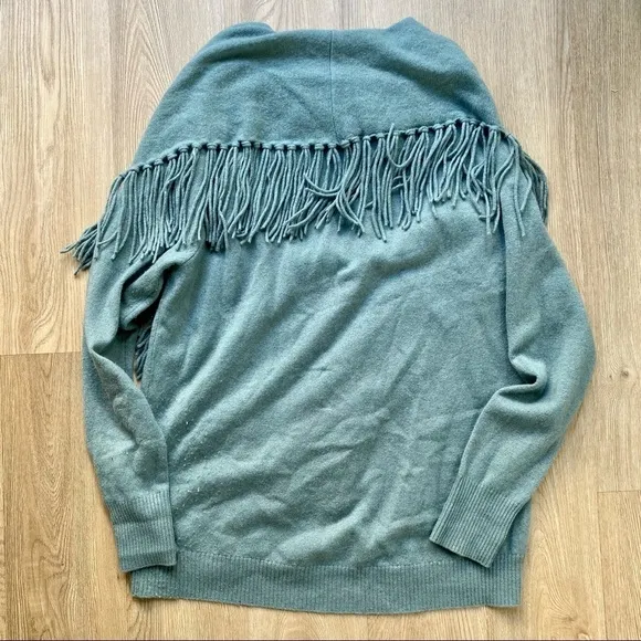 Zoe Couture Cashmere Fringe Off Shoulder Sweater Teal/ Aqua