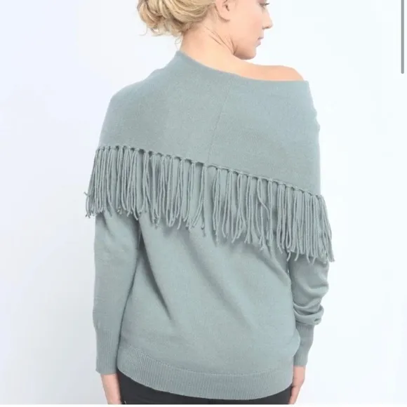 Zoe Couture Cashmere Fringe Off Shoulder Sweater Teal/ Aqua
